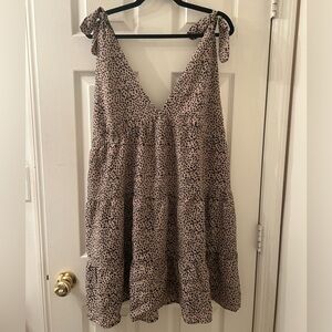 Brown and black polka dot dress with tie sleeves